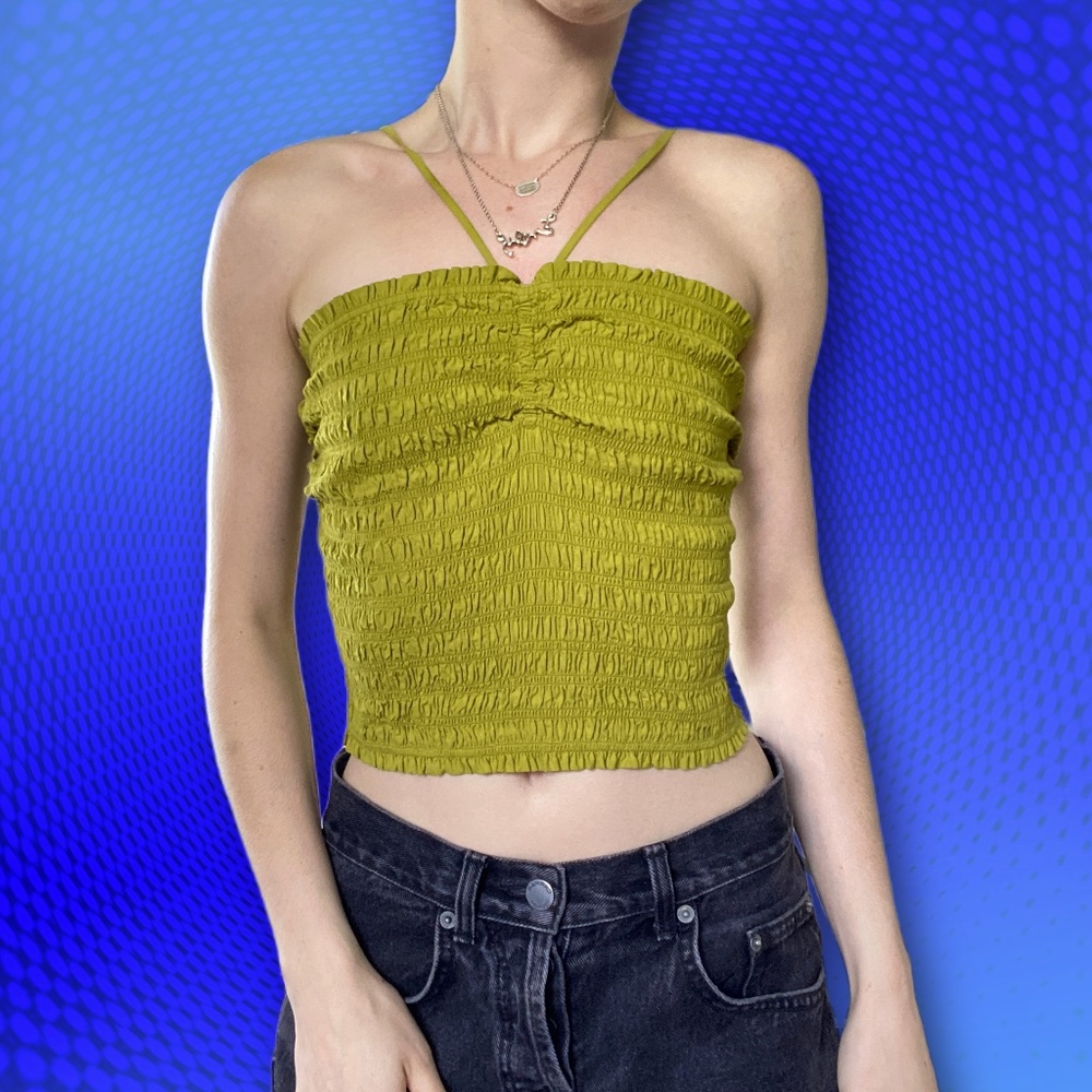 Madewell NWT ruched stretchy halter top cotton tank in matcha green, size M